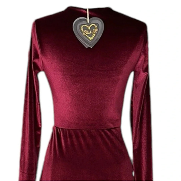 CLUB L Burgundy Velvet MIDI Dress Plunging Neck Faux Wrap US Size 8 - Picture 9 of 16